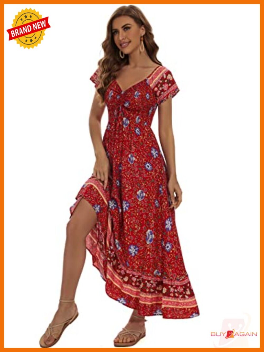 Women's Floral Smocked Maxi Dress Rayon Short Sleeve Off Shoulder Boho Beach